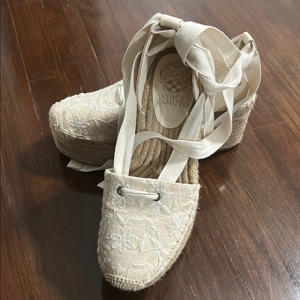 Vince Camuto Cream Espadrille Shoes with Lace Design